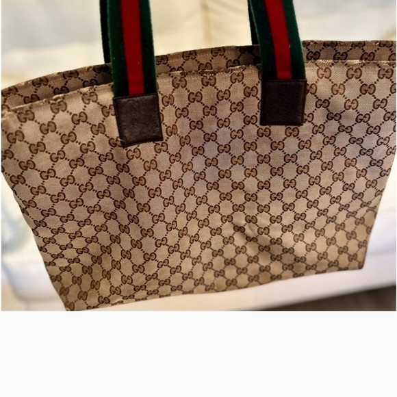 Gucci GG Jacquard Leather Shelly Shoulder Bag Green Burgundy Classic Stripe Tote - Picture 3 of 13